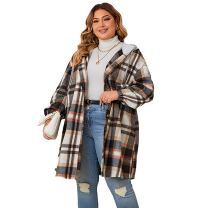 Autumn And Winter New Women's Clothing Plus-sized Plaid Hooded Mid-length Coat
