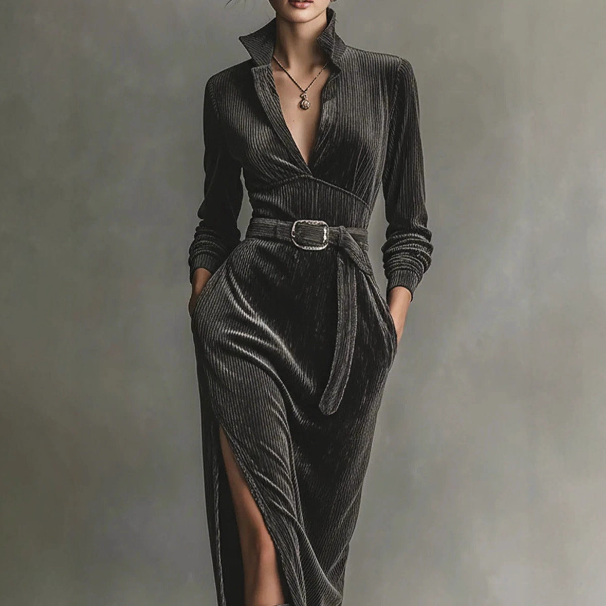 V-neck High Waist Solid Color Tie Slit Dress