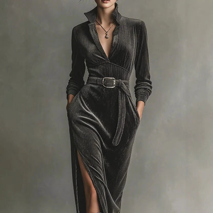 V-neck High Waist Solid Color Tie Slit Dress