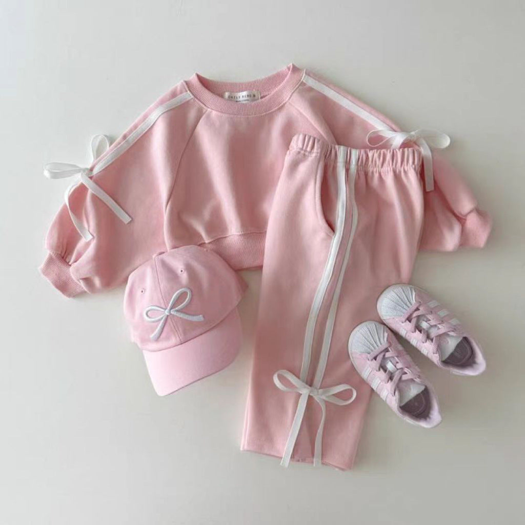 Baby Bowknot Strip Patchwork Sweater Suit All-matching Western Style