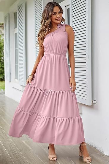 New Women's Solid Color Long Dress Knot One Shoulder Sleeveless Pleated