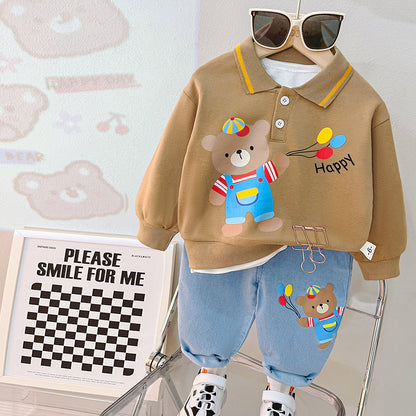 Baby Cute Lapel Long-sleeved Sweater Two-piece Set