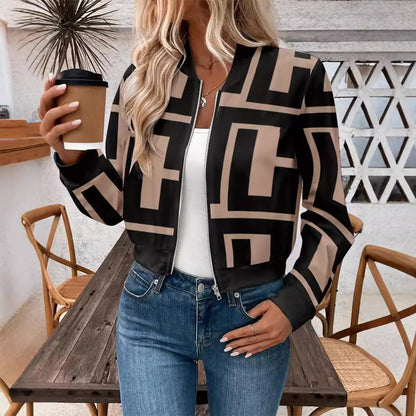 Women's Zipper Geometric Print Casual Long-sleeved Jacket