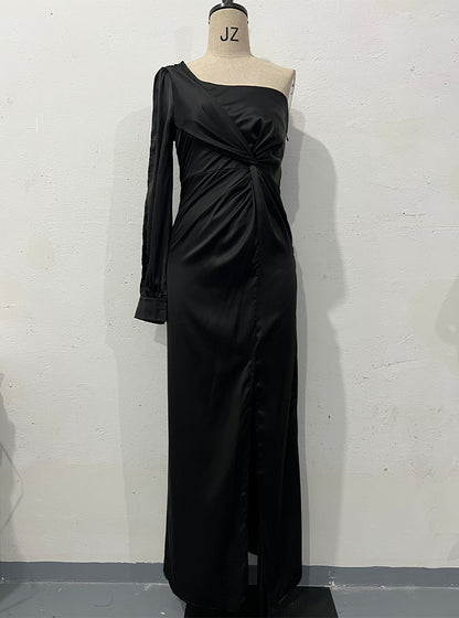 Diagonal Collar Raglan Sleeve Pleated Waist Tight Split Sexy Long Dress