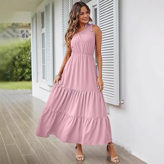 New Women's Solid Color Long Dress Knot One Shoulder Sleeveless Pleated