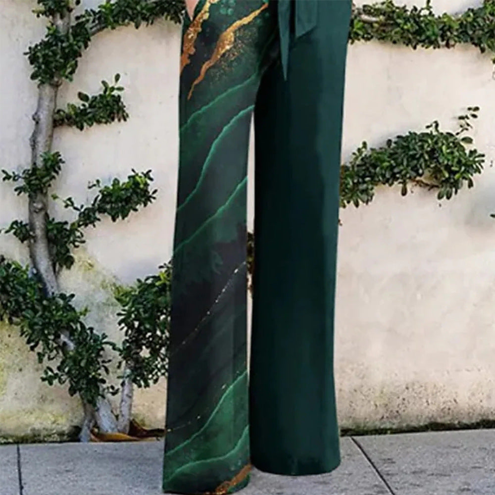 Women's Fashion Printed Long Sleeve Lapel Loose Casual Jumpsuit