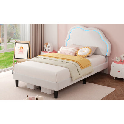 3ft Single Upholstered Bed With LED Adjustable Cute Cloud Headboard, Soft Velvet Bed Frame With Solid Wood Slat, No Box Spring Needed, Easy Assembly, Cream White No Mattress