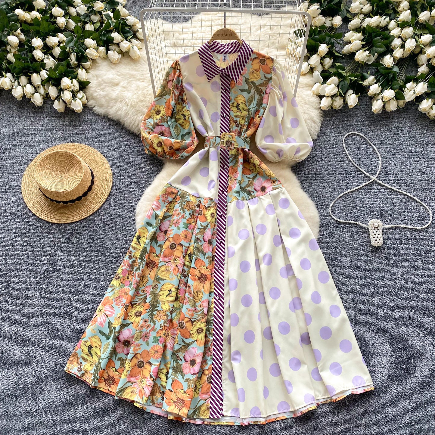 Women's Vintage Court Printed Lantern Sleeve Dress