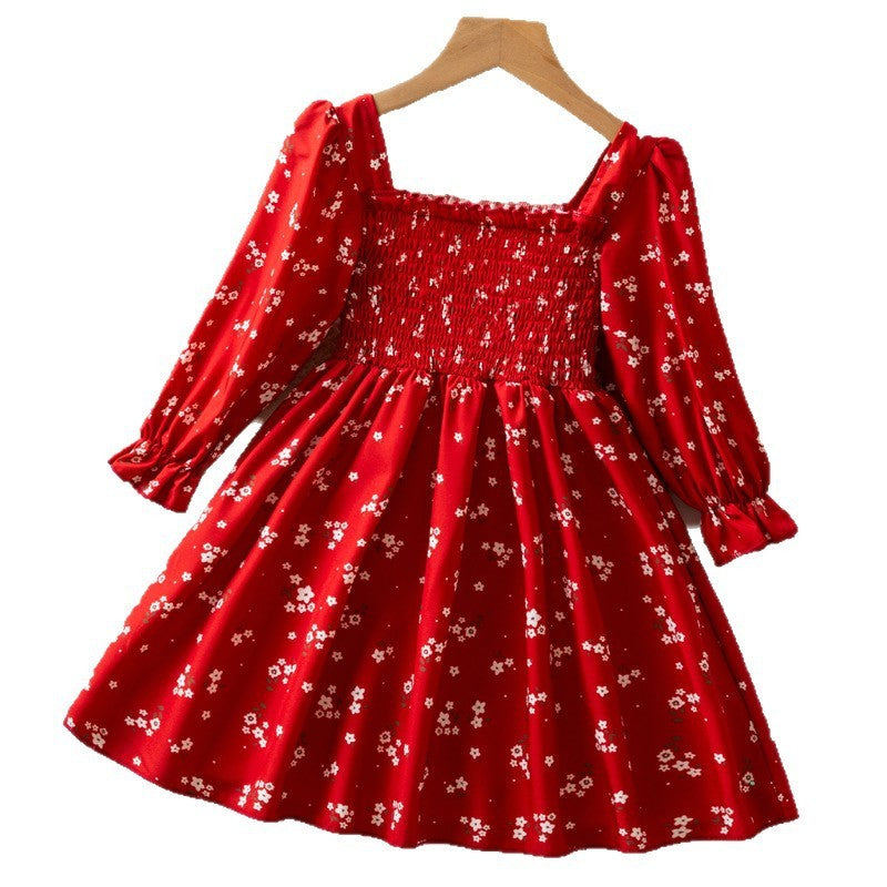 Autumn Girls' Long Sleeve French Puff Sleeve Princess Floral Skirt