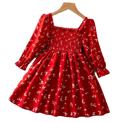 Autumn Girls' Long Sleeve French Puff Sleeve Princess Floral Skirt