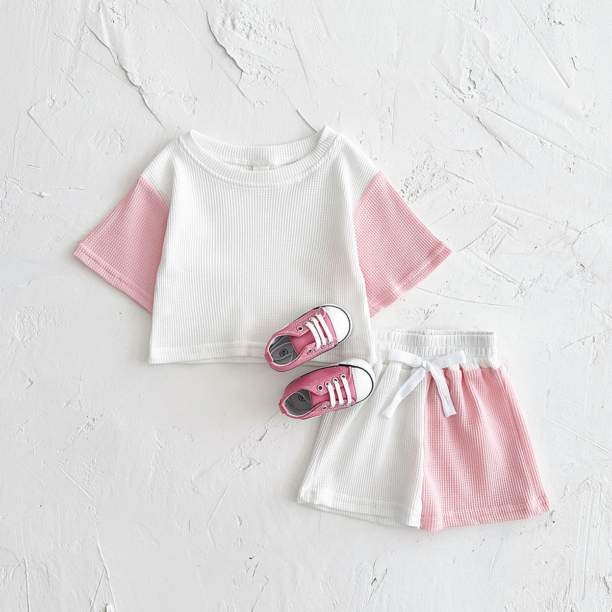 Waffle Stitching Short Sleeve Suit Korean Children Baby Two-piece Suit