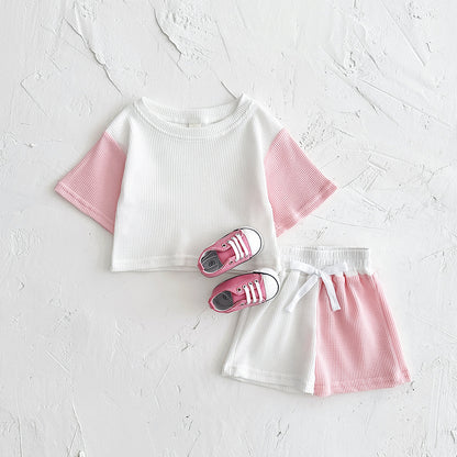 Waffle Stitching Short Sleeve Suit Korean Children Baby Two-piece Suit