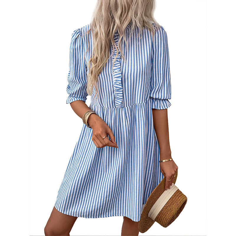 Puff Sleeve Stand Collar Striped Dress Summer