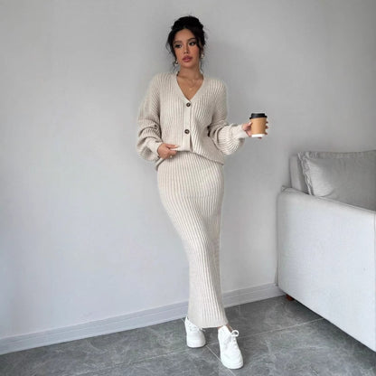 2-piece Set Women's Solid Color Casual Long Sleeves Sweater And Skirt