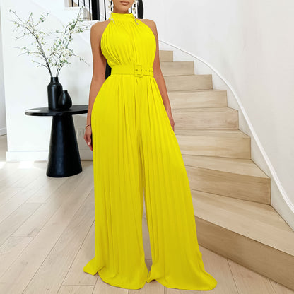 Solid Color Sleeveless Sexy Wide-leg Pleated Wide-leg Jumpsuit