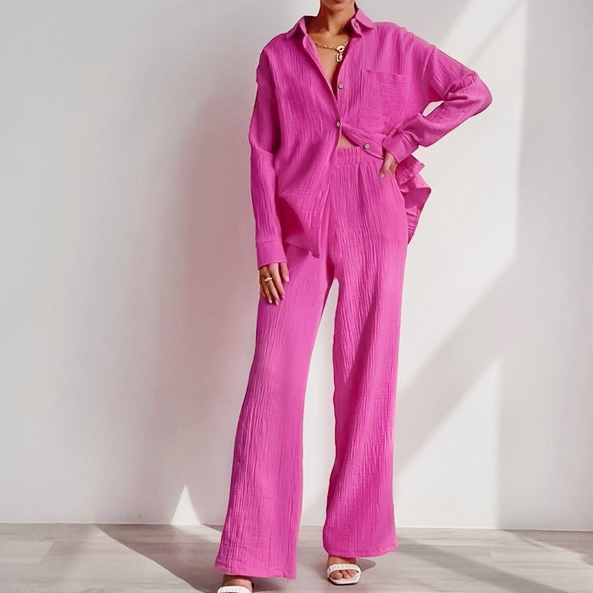 Loose Elastic Wrinkle Long Sleeve Shirt Wide Leg Pants Casual Suit