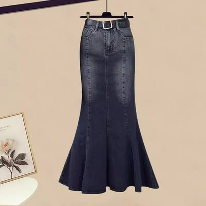 Autumn Elegant Women's All-matching Long Sleeve Top Fishtail Skirt Two-piece Suit