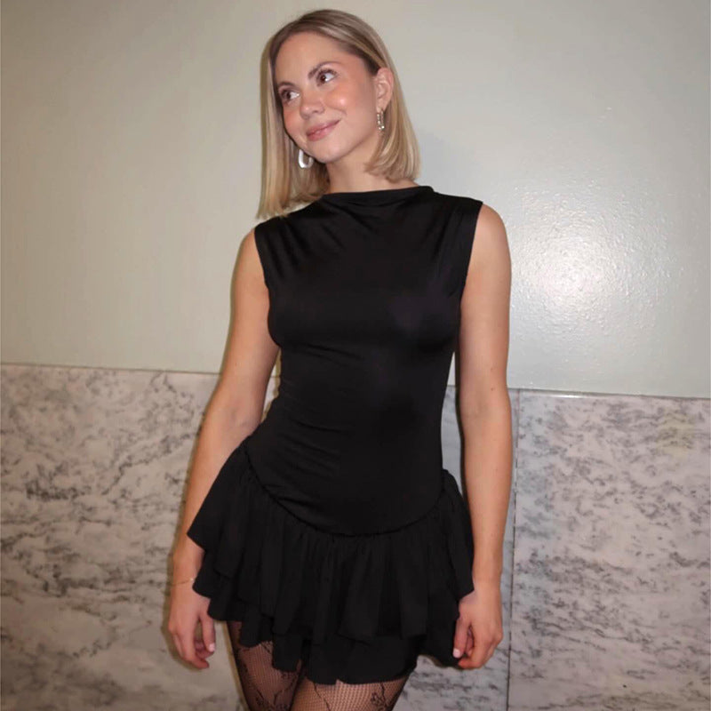 Contrast Color Round Neck Sleeveless Lace Fashion Sexy Short Dress Women