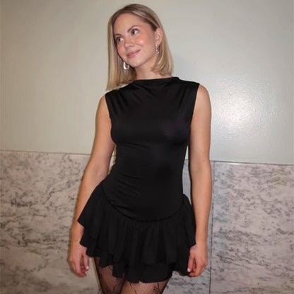 Contrast Color Round Neck Sleeveless Lace Fashion Sexy Short Dress Women