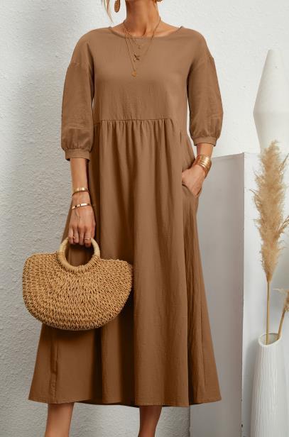 Lantern Sleeve Loose Cotton And Linen Pocket Dress
