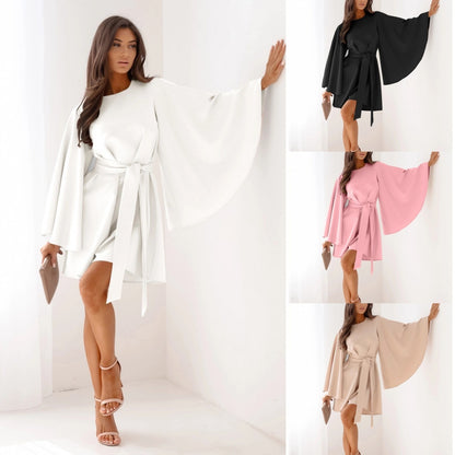 Autumn Fashion Solid Color Round-neck Flared Sleeves Lace-up Waist Dress
