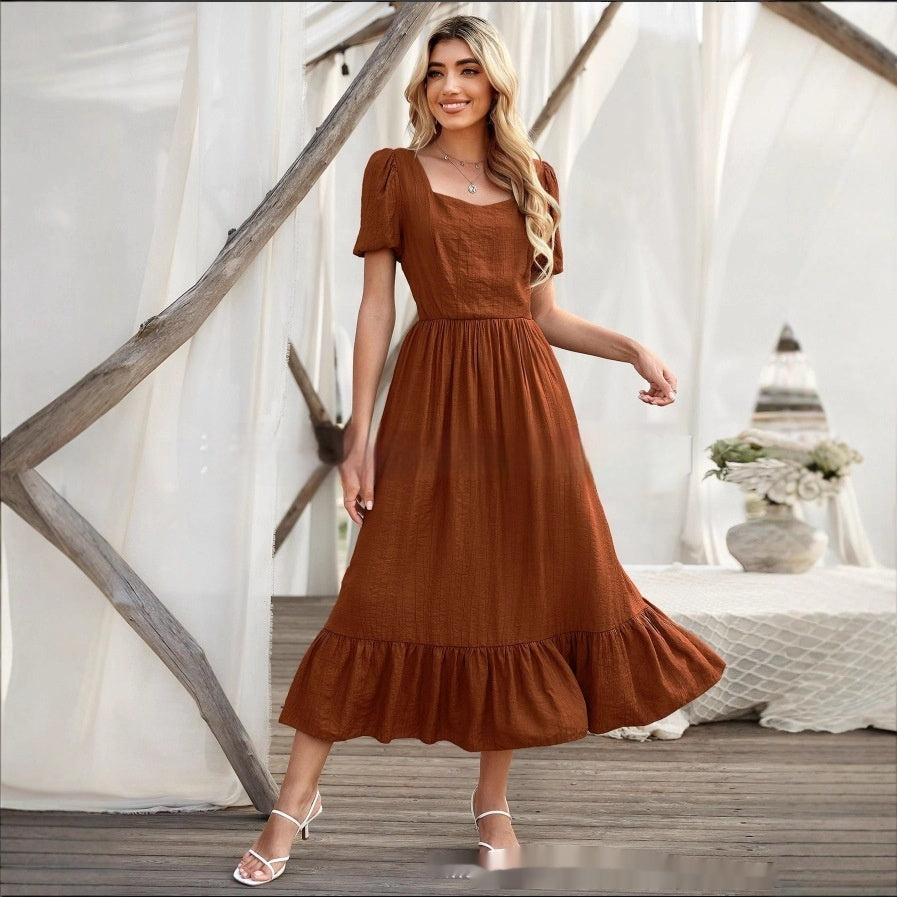 Women's Clothing Round-neck High Waist Solid Color Casual Patchwork Long Dress Women