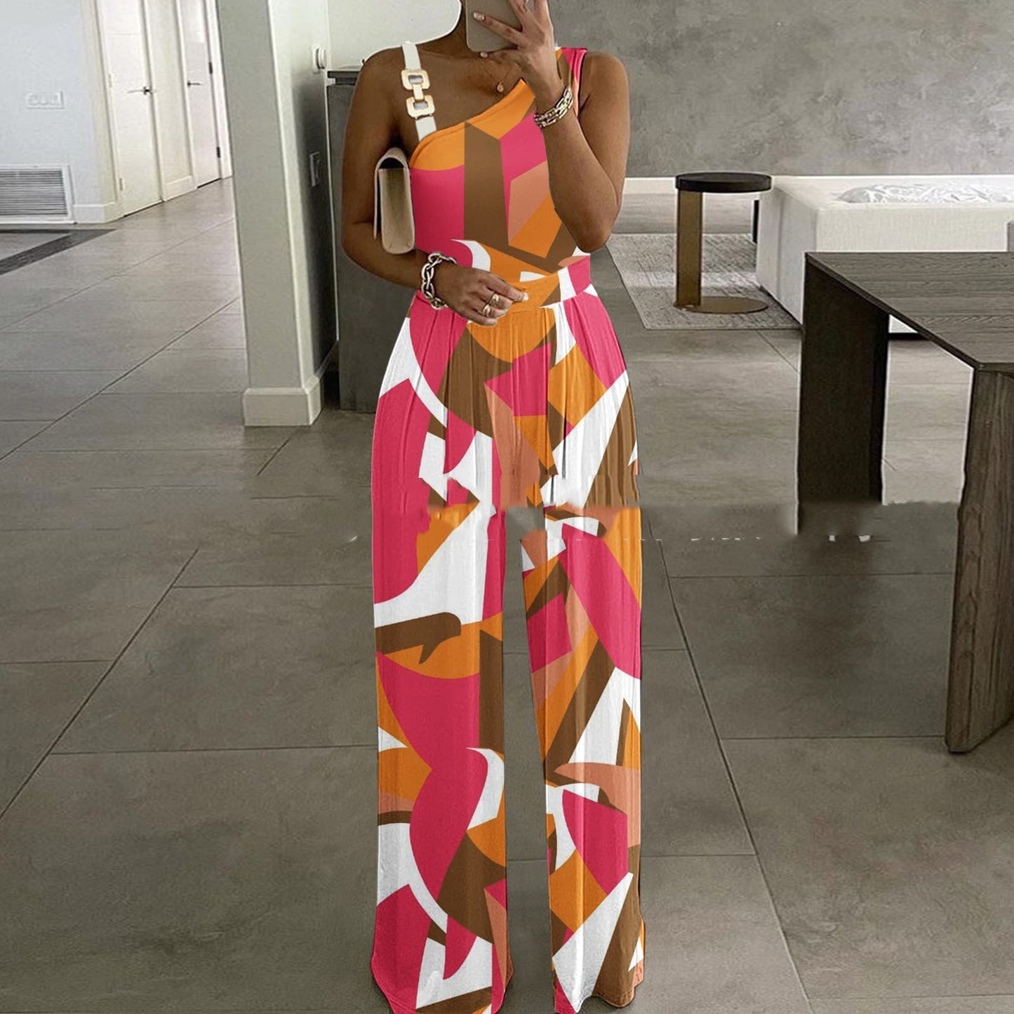 Women's Metal Buckle Vest Top High Waist Wide Leg Jumpsuit