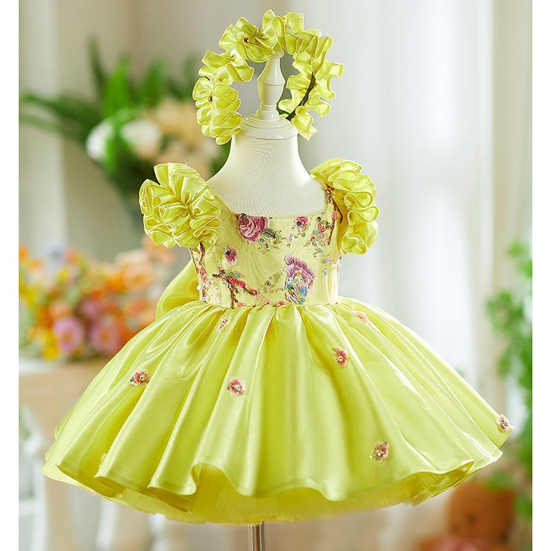 Yellow Flying Sleeves Heavy Industry Umbrella Princess Dress Little Girl's Birthday Dress