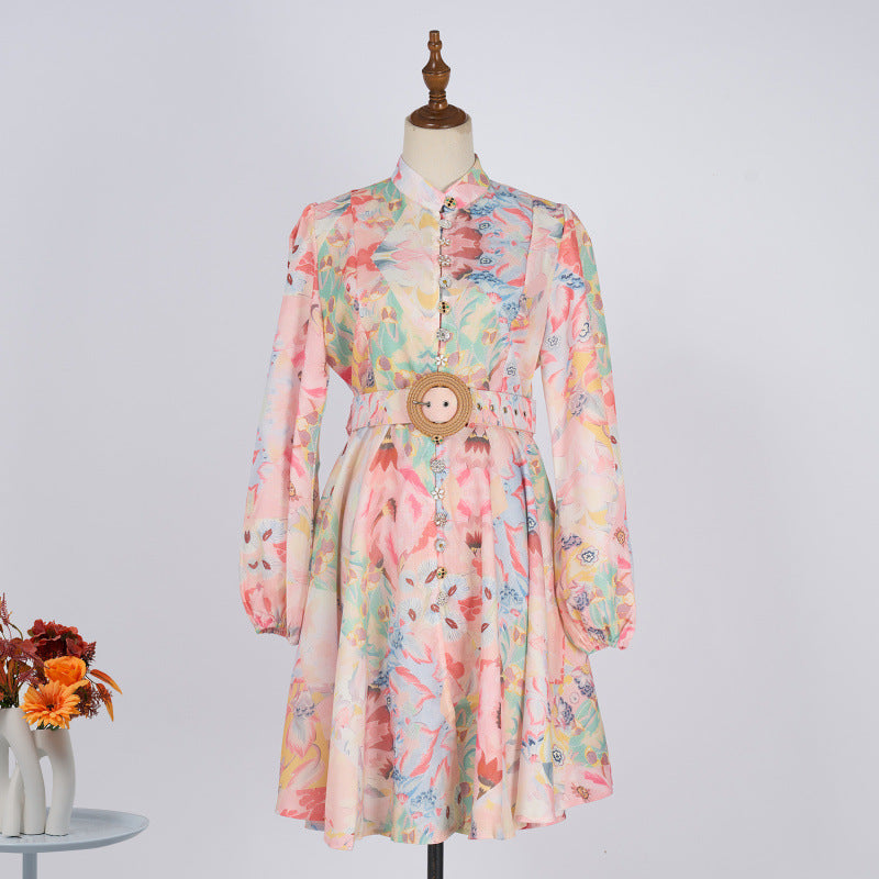 Single-breasted Stand-up Collar Puff Sleeve Waist With Belt Jumpsuit Skirt