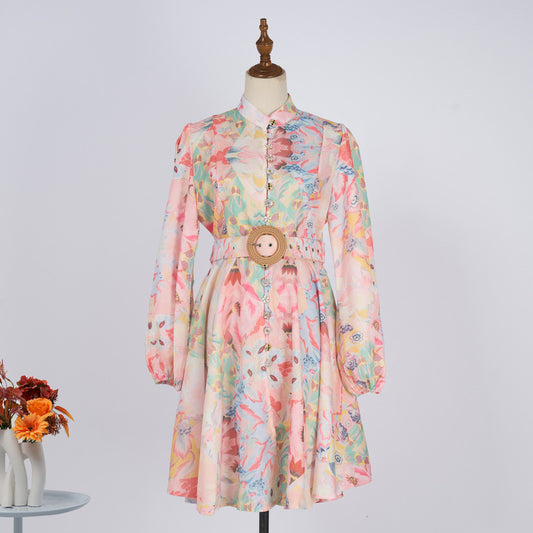 Single-breasted Stand-up Collar Puff Sleeve Waist With Belt Jumpsuit Skirt