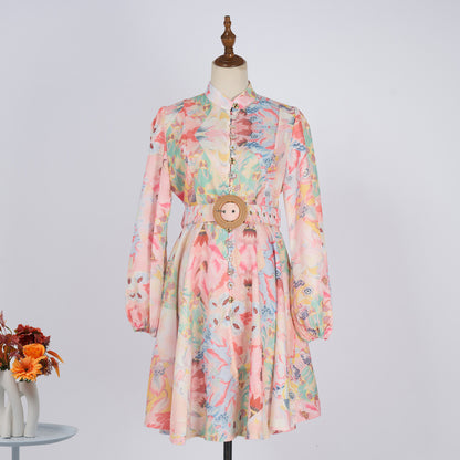 Single-breasted Stand-up Collar Puff Sleeve Waist With Belt Jumpsuit Skirt