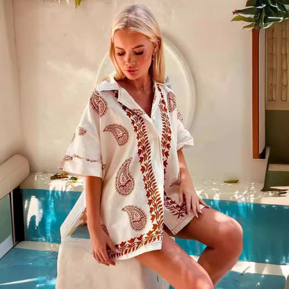 Printed Loose Short Sleeve Shirt Top Casual Shorts Suit