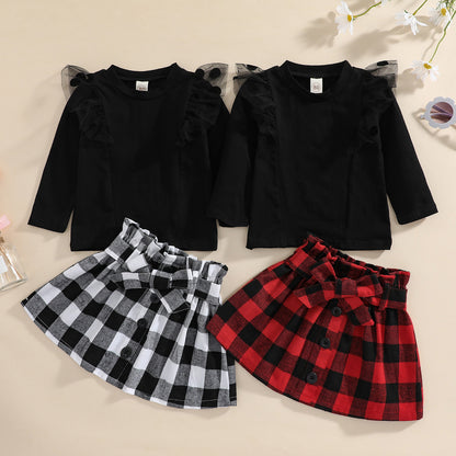 Red And Black Plaid Skirt Suit Black Polka Dot Flying Sleeve Two Piece
