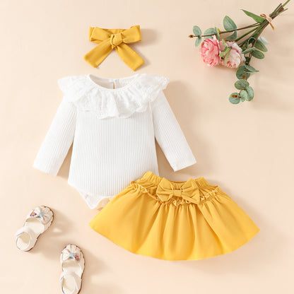 Baby Girl Lace Ruffles Long-sleeve Jumpsuit Bow Skirt Hair Band Three-piece Suit