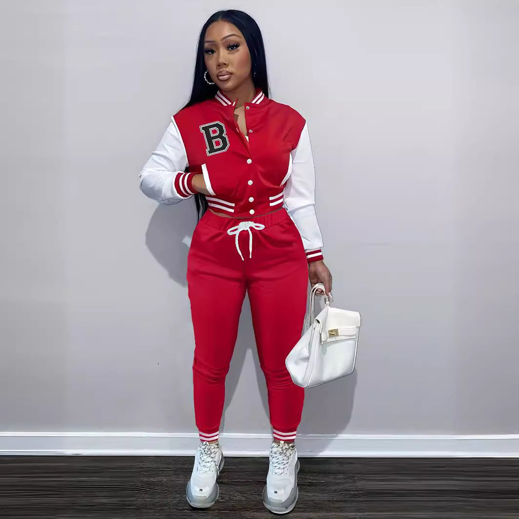 Letter Color Matching Jacket Single-breasted Letter Printed Baseball Uniform Sports Suit