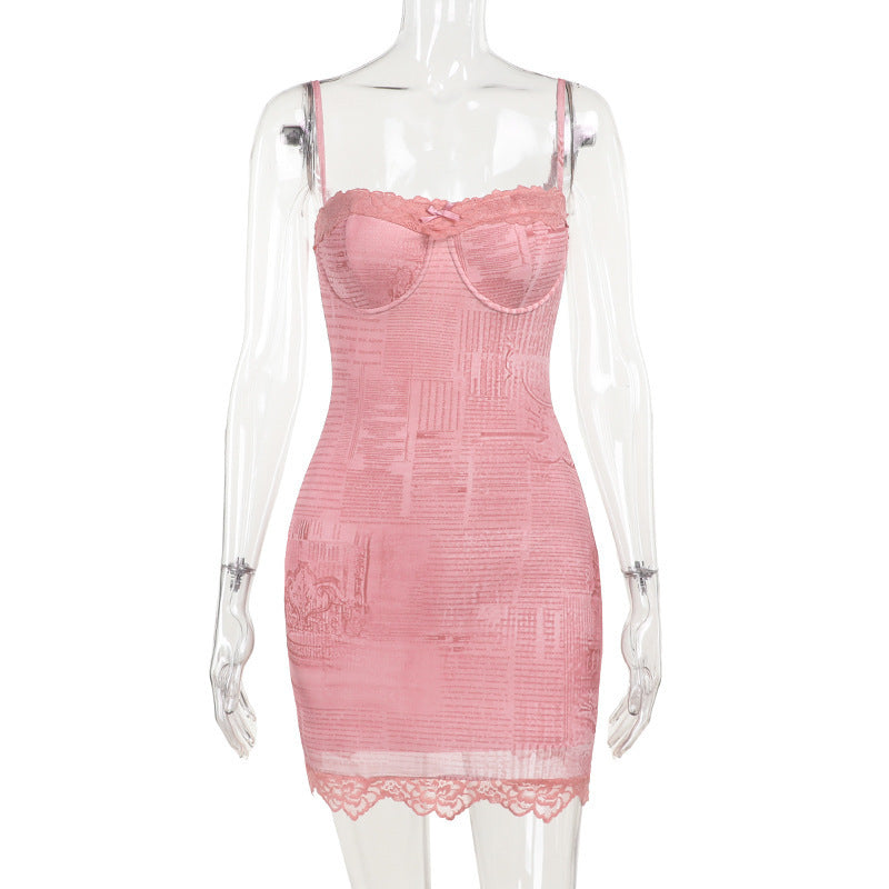 Woman Square-neck Lace Stitching Printing Long Sleeve Dress