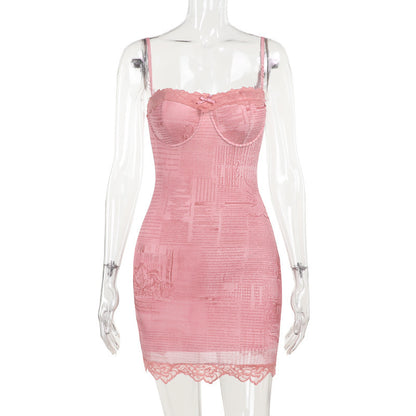 Woman Square-neck Lace Stitching Printing Long Sleeve Dress