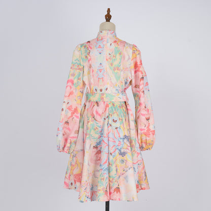 Single-breasted Stand-up Collar Puff Sleeve Waist With Belt Jumpsuit Skirt