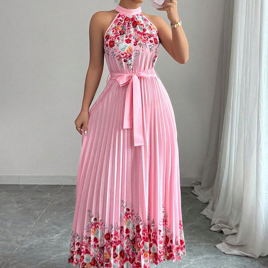 Women's Fashionable Printed Pleated Long Dress