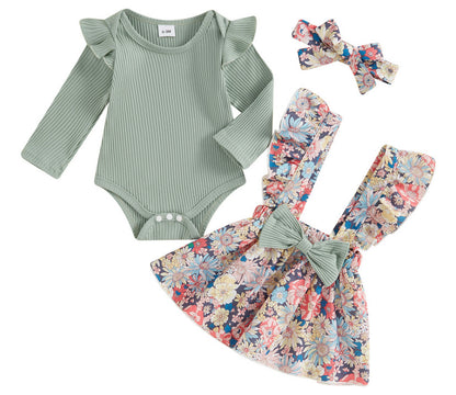 Cross-border Foreign Trade Infant European And American Pastoral Style Simple 3-piece Romper Bow Floral Suspender Skirt