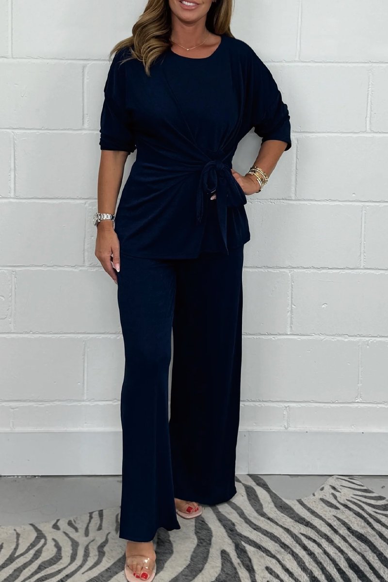 Amazon Europe And America Cross Border 2024 Fall Women's Clothing Solid Color Casual Fashion Lace-up Long Sleeve Top And Trousers Suit