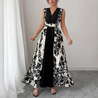 Sleeveless Printed Temperament V-neck Color-block Midi Dress