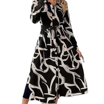 New Elegant Graceful Fashion Polo Collar Printed Long Shirt Dress Women