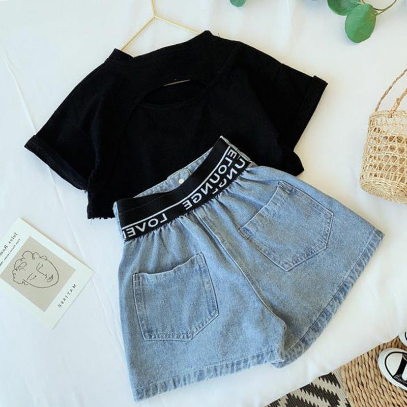 Little Girl Korean Fashion Medium And Large Children's Denim Shorts Two-piece Set