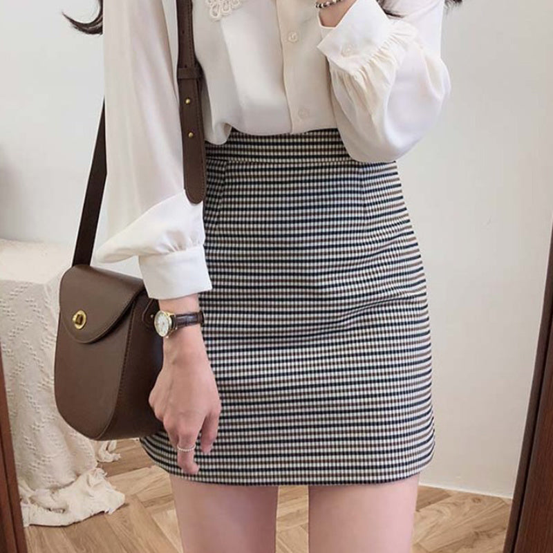 All-match Skirt, Small Plaid, High Waist, Thin A-line Skirt, Half-length Skirt, Hip Skirt