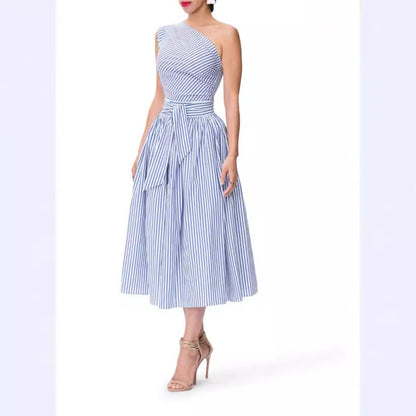 Women's Slant-shoulder Striped Dress