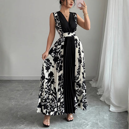 Sleeveless Printed Temperament V-neck Color-block Midi Dress