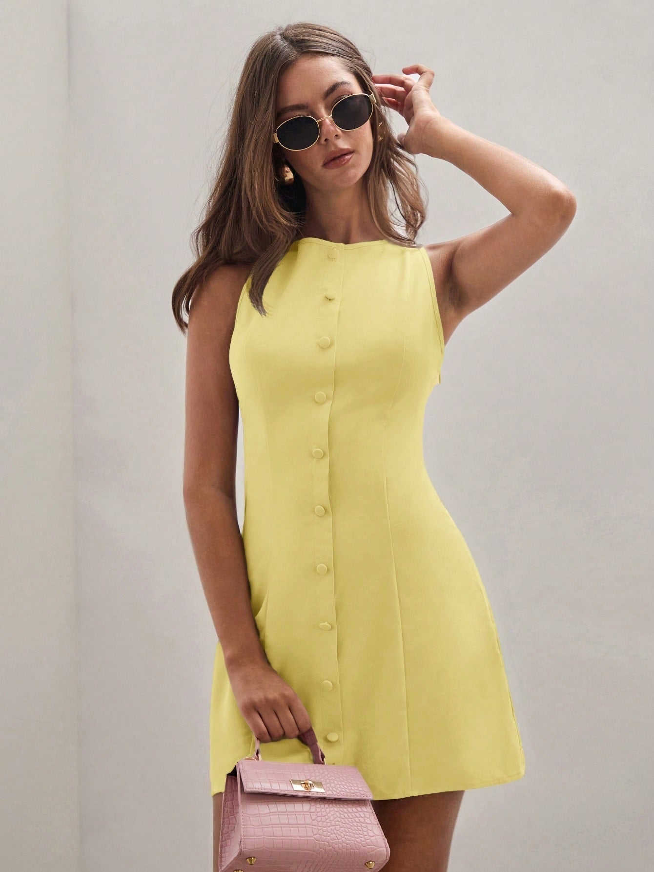 Women's Solid Color Temperament Breasted Sleeveless Dress