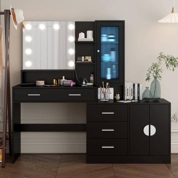 3-door, 4-drawer, Dressing Table, With Sockets, With Tri-tone Light Bulbs, With GRB Light Strip, Combination Cabinet