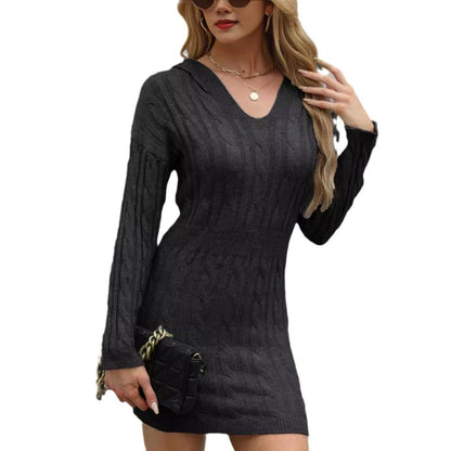 V-neck Twist Mid-length Long Sleeve Knitted Hooded Sheath Dress